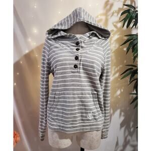 Vtg Obey Womens Striped Embroidered Anchor Henley Hoodie Sweatshirt Size S Gray